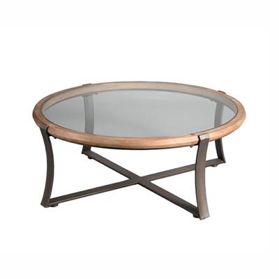 Tavolino rotondo in legno e metallo top vetro Ø102H39 