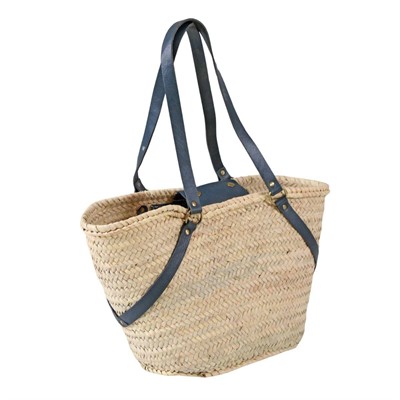 BORSA  PAGLIA NATURALE – VERA PELLE BLU MADE IN MAROCCO