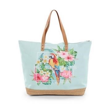 BORSA COTONE/PAGLIA FIORI E PAPPAGALLO C/ZIP CM.53X14H37/60