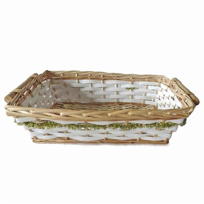 Cesto da confezionamento rettangolare in vimini bianco con ghirlanda decorativa verde 40/36X27X10 