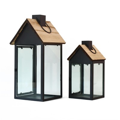 Lanterna in legno e metallo 18X18H45 in set di 2