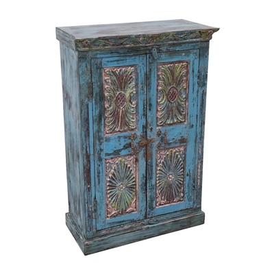 ARMADIO IN LEGNO DI MANGO E TEAK AZZURRO DECORATO A 2 ANTE CM 83X42H126