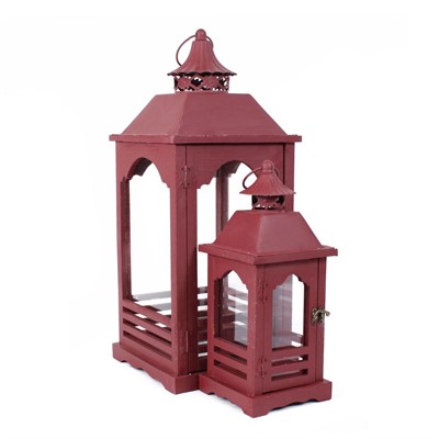 Lanterna rossa in legno di abete e metallo 25X25H59 in set di 2