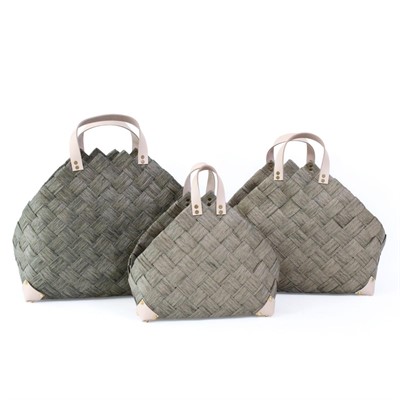 CESTO IN FIBRA DI CELLULOSA GRIGIO CON MANICO ECOPELLE CM 46X26H36/45 SET 3 PEZZI
