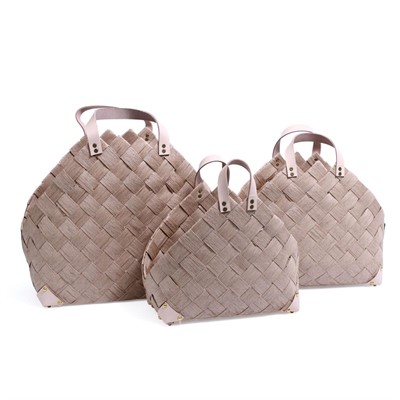 CESTO IN FIBRA DI CELLULOSA NATURALE CON MANICI ECOPELLE CM 46X26H36/45 SET DI 3 PEZZI