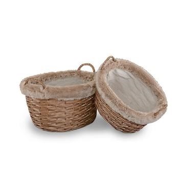  CESTO VIMINI OVALE BORDO FINTA PELLICCIA SET 2 PZ CM.54X44XH31/44X36XH26 