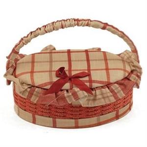 CESTINO PORTA LAVORO OVALE FODERATO BEIGE-ROSA CM.25X18H10.5