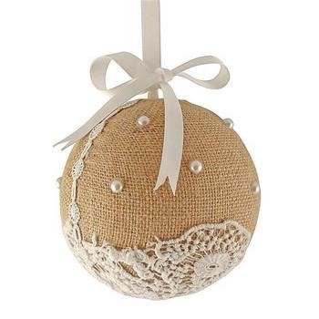 DECORAZIONE PALLA BEIGE JUTA, PIZZO E PERLE DIAMETRO CM 13