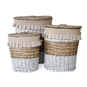 Portabiancheria ovale in vimini beige e bianco 49X34H56 in set di 3