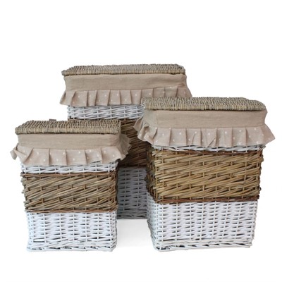 Portabiancheria ovale in vimini beige e bianco 45X33H56 in set di 3