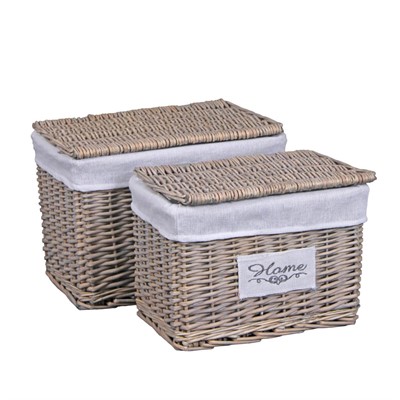 SCATOLA CESTO CON COPERCHIO IN VIMINI GRIGIO HOME FODERATA 35X25H25 SET DI 2 PEZZI