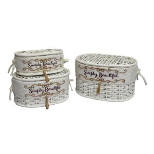 SCATOLA CESTO CON COPERCHIO IN BAMBOO OVALE BIANCO CON FODERA CM 38X29H22 SET DI 3 PEZZI