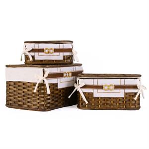 SCATOLA CESTO CON COPERCHIO IN BAMBOO MARRONE CON FODERA CM 38X29H22 IN SET DI 3