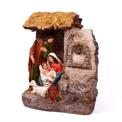 PRESEPE RESINA CON FONTANA A BATTERIA E LUCE CM.28X18H36
