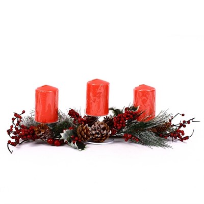 PORTA CANDELE CENTROTAVOLA 3 POSTI CON 3 CANDELE ROSSE INCLUSE CM.50x20xH9