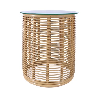 TAVOLINO ROTONDO ARIETTA IN RATTAN NATURALE CON PIANO IN VETRO DIAMETRO 50 (VETRO 55)xH65