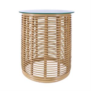 TAVOLINO ROTONDO ARIETTA IN RATTAN NATURALE CON PIANO IN VETRO DIAMETRO 50 (VETRO 55)xH65