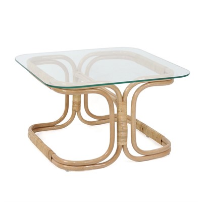 TAVOLINO DA SALOTTO LEVATO  IN RATTAN NATURALE E VETRO CM 62X65H39