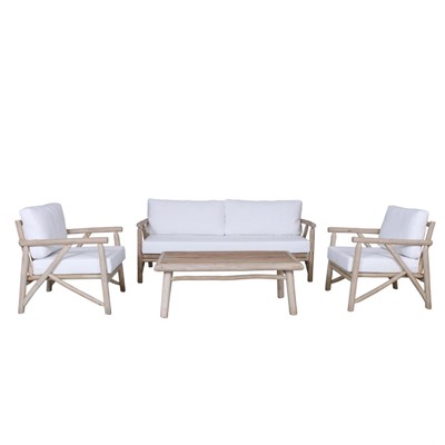 SALOTTO VERSILIA IN LEGNO DI TEAK NATURALE CON CUSCINI COMPOSTO DA 2 POLTRONE, 1 DIVANO, 1 TAVOLO