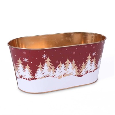 Portavaso in metallo ovale rosso - Abeti Natale - 26X14H12