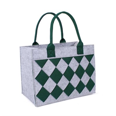 Borsa in feltro grigia con scacchi verdi 2 manici 34X20H26 cm