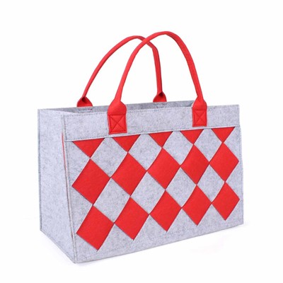 Borsa in feltro grigia con scacchi rossi 2 manici 42x22h28 cm