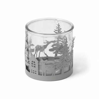 Portacandela metallo grigio alberi renne + vetro dia12H12