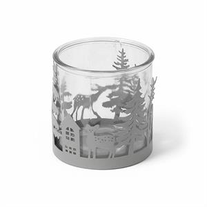Portacandela metallo grigio alberi renne + vetro dia12H12