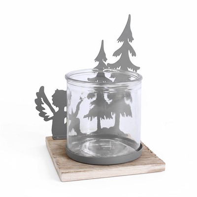 Portacandela metallo grigio alberi e angelo + vetro 13X13X18