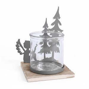 Portacandela metallo grigio alberi e angelo + vetro 13X13X18