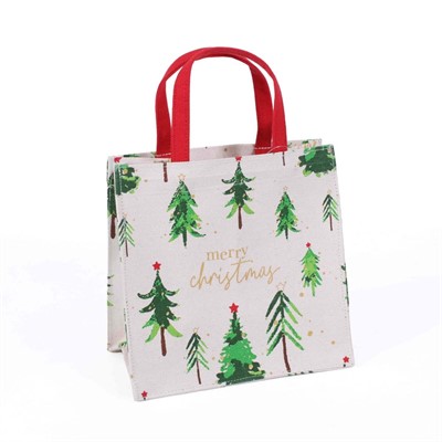 Borsina canvas cotone manici rossi alberi e scritta oro 20x12h20