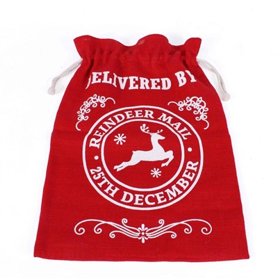 Sacco juta rosso scritta Reindeer mail con lacci chiari 56x38