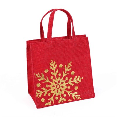 Borsina juta rossa stampa fiocco neve oro 15x12h15