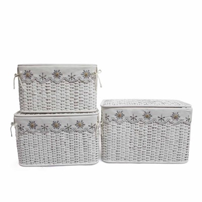 BAULE BAMBU' BIANCO FODERA FIORI GRIGI 65X40H42 SET TRE PEZZI 
