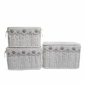 BAULE BAMBU' BIANCO FODERA FIORI GRIGI 65X40H42 SET TRE PEZZI 