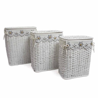 PORTABIANCHERIA BAMBU' BIANCO FODERA FIORI GRIGI SET TRE PEZZI 48X36H58 