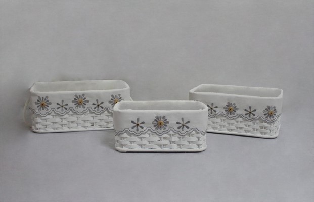CESTO BAMBU' BIANCO RETTANGOLARE FODERA FIORI GRIGI 43X30H18 SET TRE PEZZI
