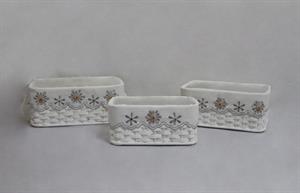 CESTO BAMBU' BIANCO RETTANGOLARE FODERA FIORI GRIGI 43X30H18 SET TRE PEZZI