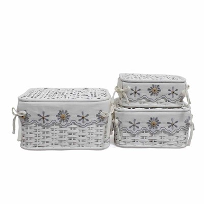 SCATOLA BAMBU' BIANCA RETTANGOLARE FODERA FIORI GRIGI 38X29H22 SET TRE PEZZI