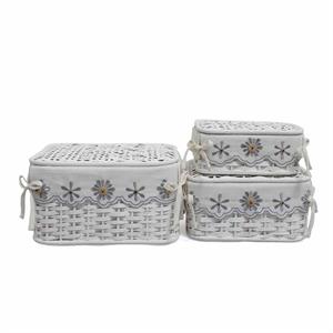 SCATOLA BAMBU' BIANCA RETTANGOLARE FODERA FIORI GRIGI 38X29H22 SET TRE PEZZI