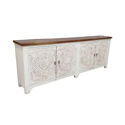 Credenza in mango bianca intagliata top naturale cm 254x40x92h