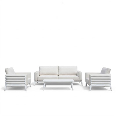 Salotto Abella alluminio bianco divano 3 p., 2 poltrone,1 tavolo