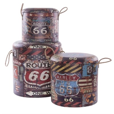 Pouf contenitore Route 66 Ø40H42 in set di 3