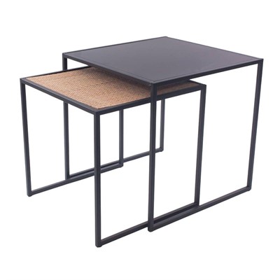 Tavolo da caffè in metallo nero e rattan 45X45H45 in set di 2 