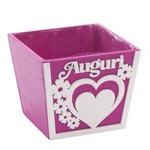 Portavaso fucsia in legno Auguri 14x14H12