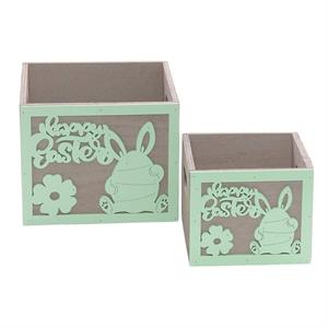 Portavaso verde in legno Happy Easter 15X15H12 in set di 2
