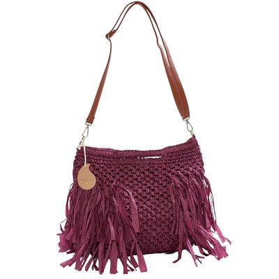Borsa a tracolla in carta bordeaux con frange 37x25 