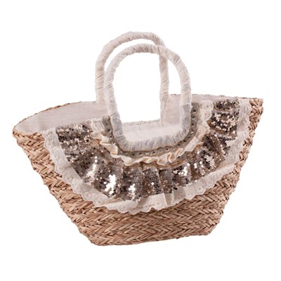 Borsa ovale in fibre naturali con pailettes 54x18H30/43